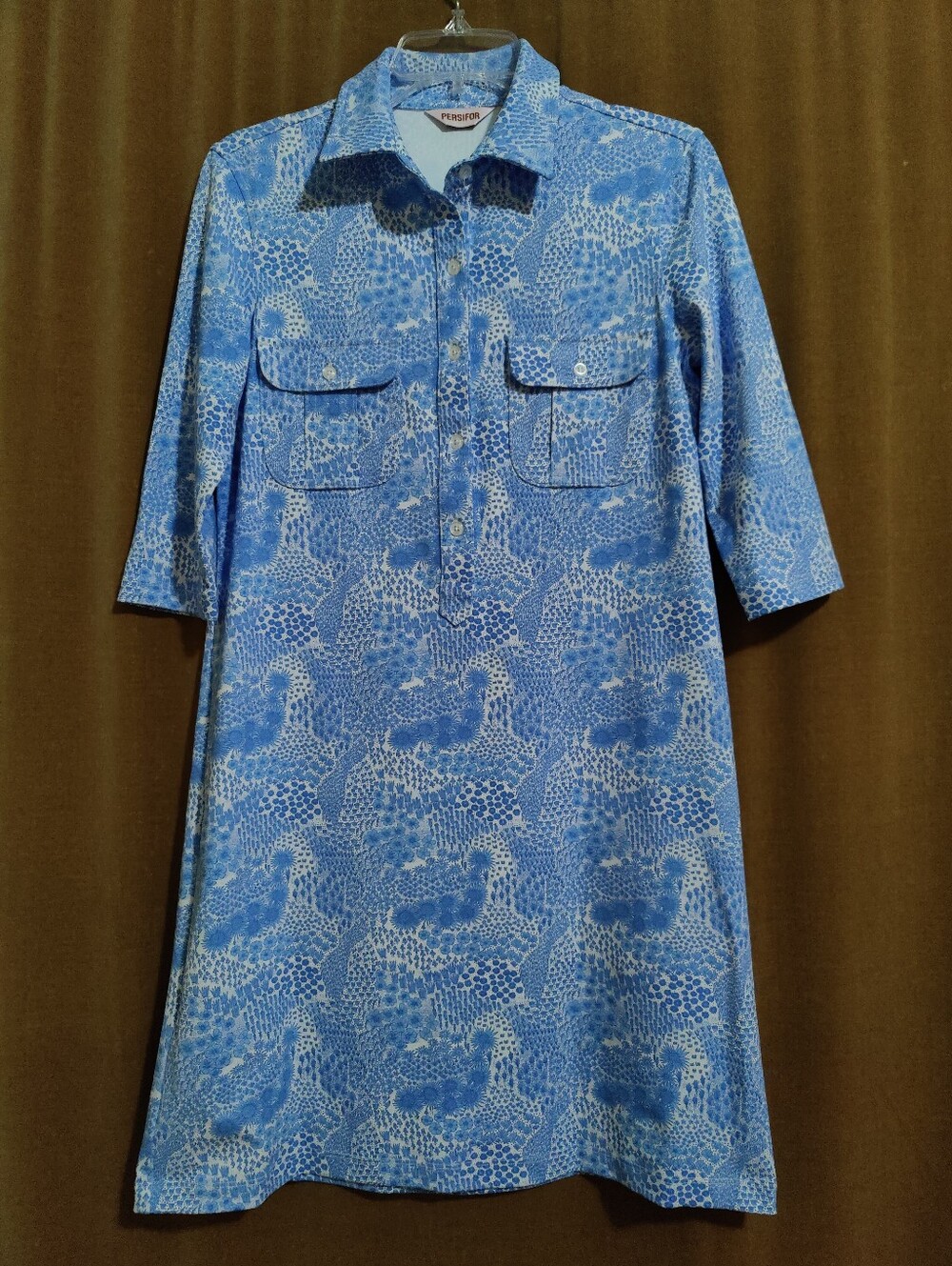 Persifor Blue Botanical Printed Resort 3/4 Sleeve Shirt Dress, Size S